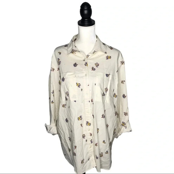 ROOTS Floral Print Button Up Collard Long Sleeve Blouse - Picture 2 of 6